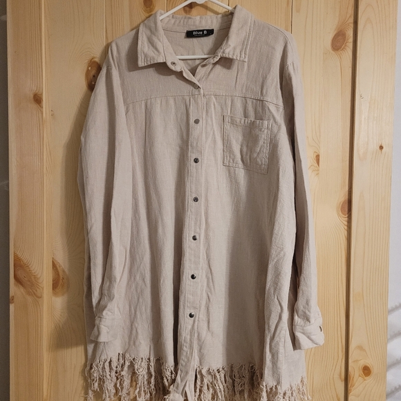 Women's Blue B Collection Frayed Hem Linen/Cotton 70/30 Shacket Oversized Large - Picture 1 of 5